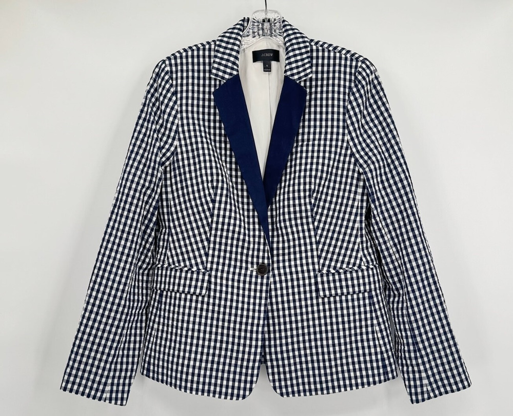 J Crew Womens Blue Check Seersucker Blazer Jacket Sz 10
